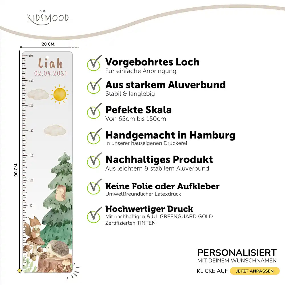 Messlatte Kinder Holz & Aluverbund - Waldtiere