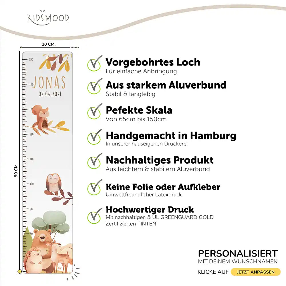 Messlatte Kinder Holz & Aluverbund - Fröhliche Waldtiere