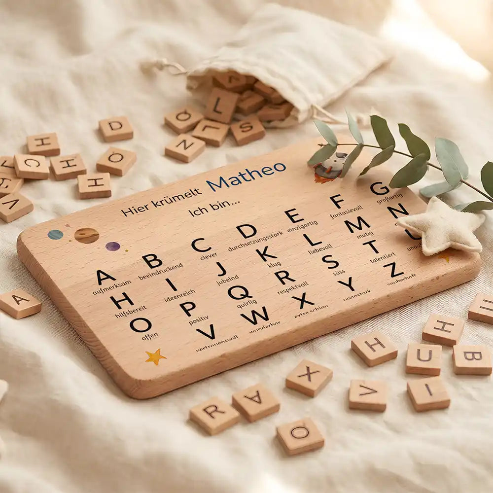 ABC Brettchen Kinder personalisiert Weltraum Rakete – ABC-Buchstaben Detail