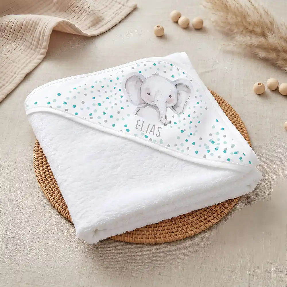 Kidsmood Familienbetrieb Hamburg – Personalisiertes Kapuzenhandtuch Baby Elefant Konfetti