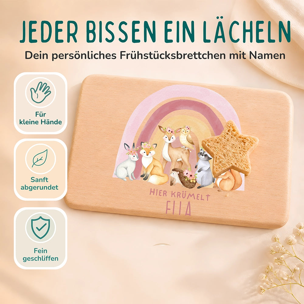 Frühstücksbrettchen Holz personalisiert - Regenbogen Waldtiere