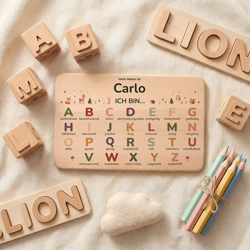 ABC Brettchen Kinder personalisiert Unterwasser Welt – Topdown Lifestyle mit Buchstaben-Würfeln