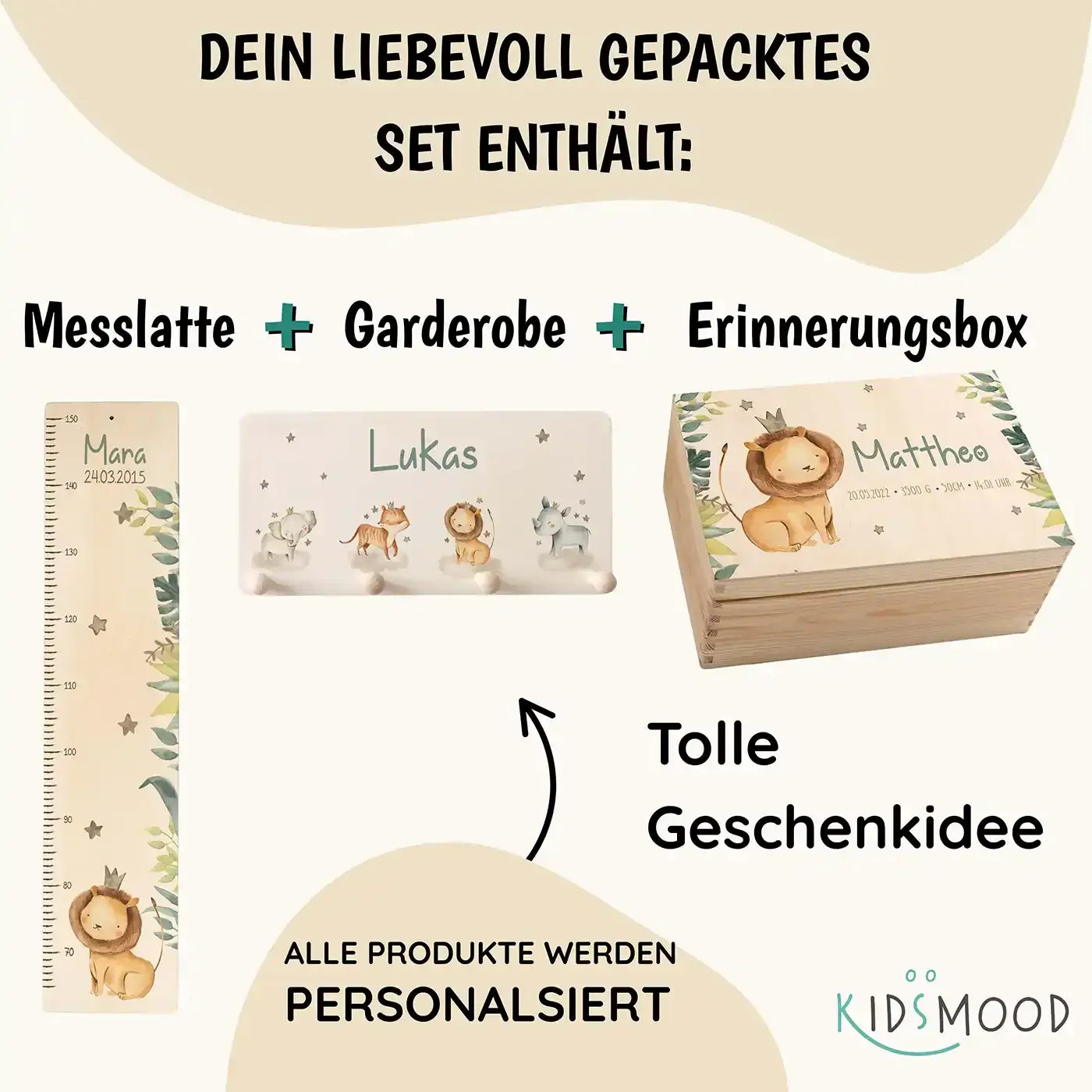 Erste Schritte Bundle - Safari Löwe: Messlatte, Kindergarderobe, Erinnerungsbox