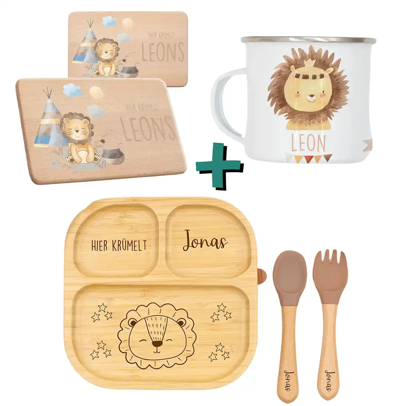 Frühstücks-Starter Set - Boho Löwe: Tasse, Brettchen und Kinderteller