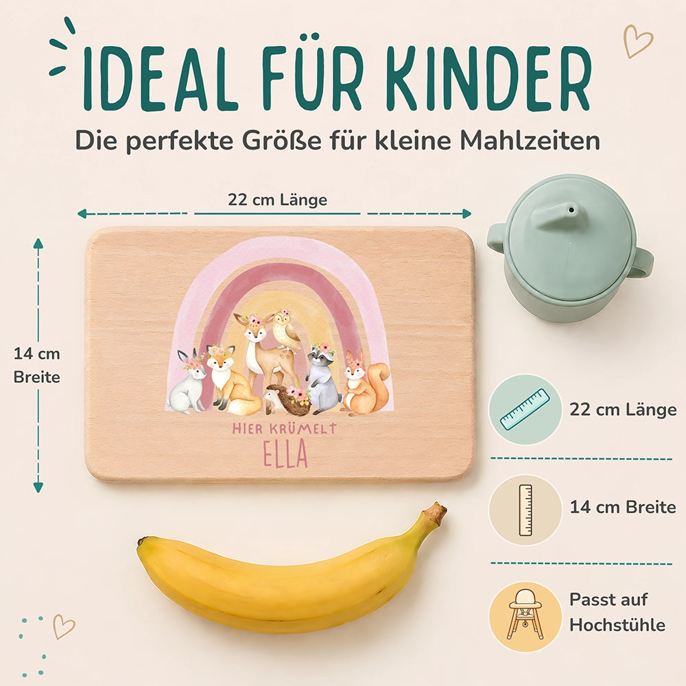 Frühstücksbrettchen Holz personalisiert - Regenbogen Waldtiere