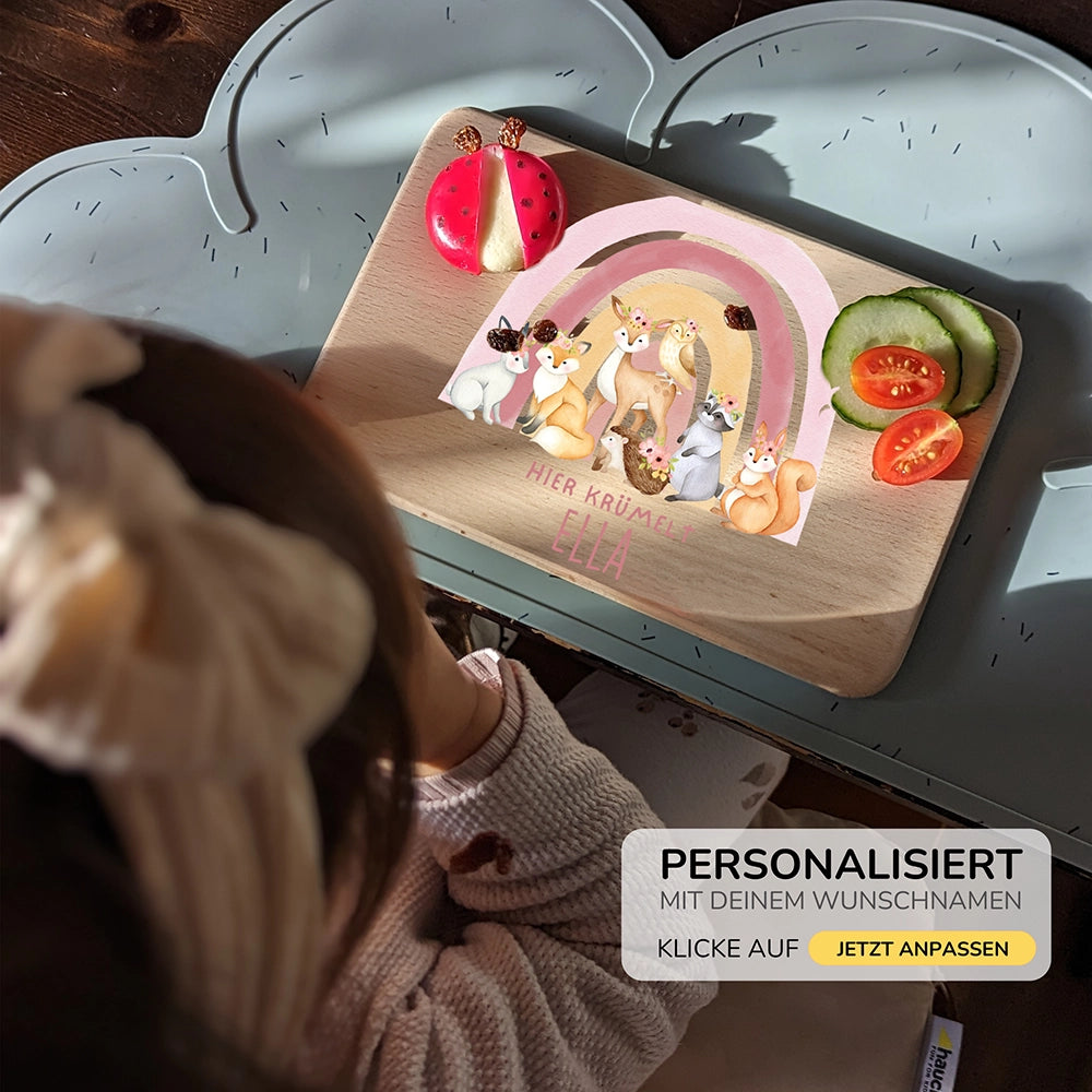 Frühstücksbrettchen Holz personalisiert - Regenbogen Waldtiere