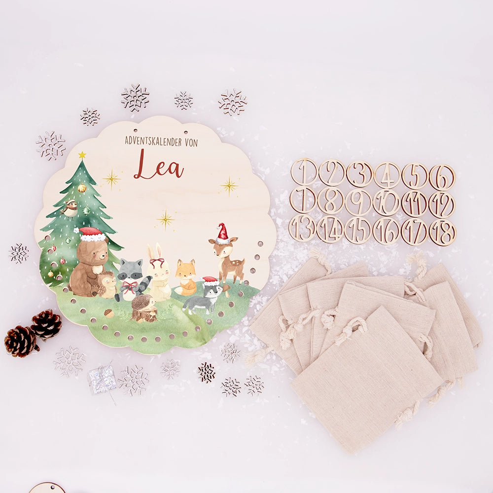 Personalisierter runder Adventskalender Kinder aus Holz  - Niedliche Waldfreunde