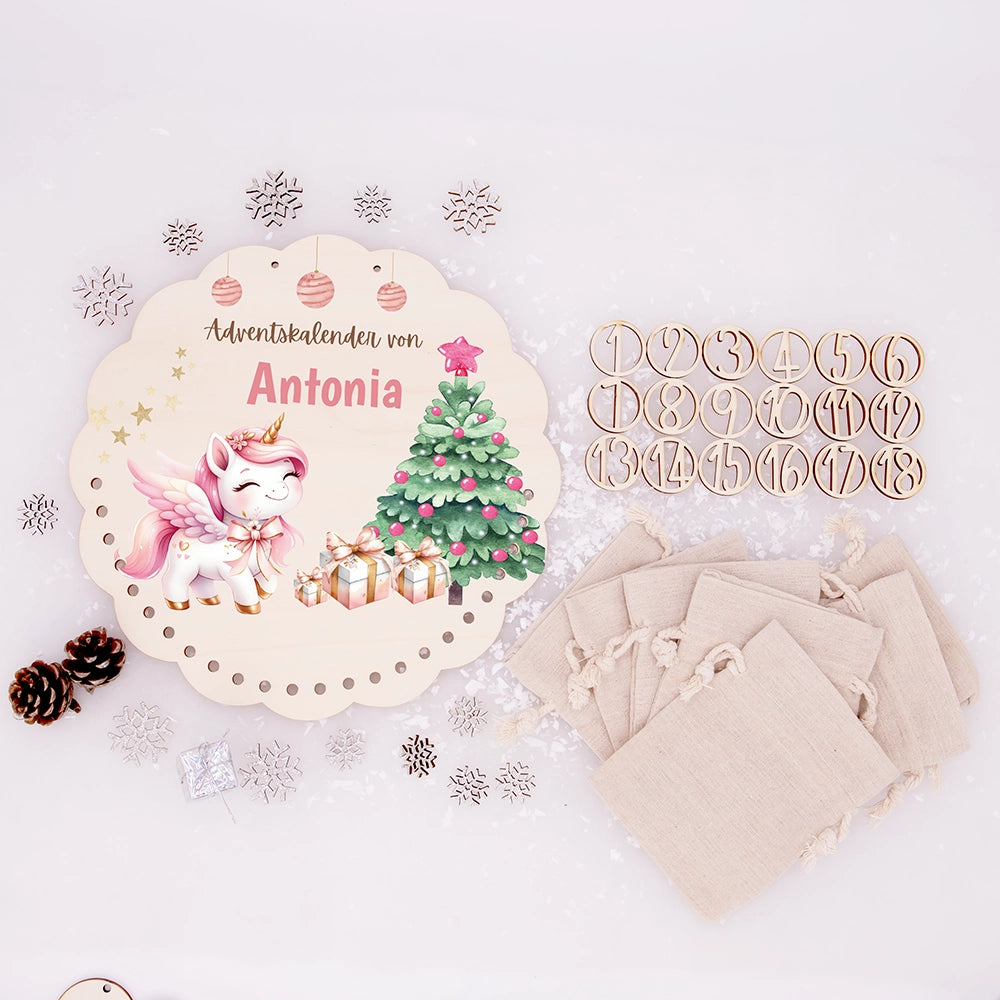 Personalisierter runder Adventskalender Kinder aus Holz  - Baby Einhorn