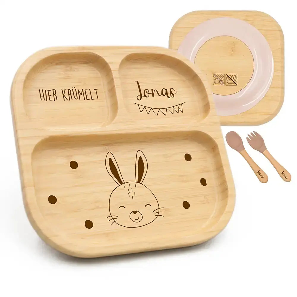Kinderteller mit Saugnapf personalisiert mit Namen - Hase Motiv