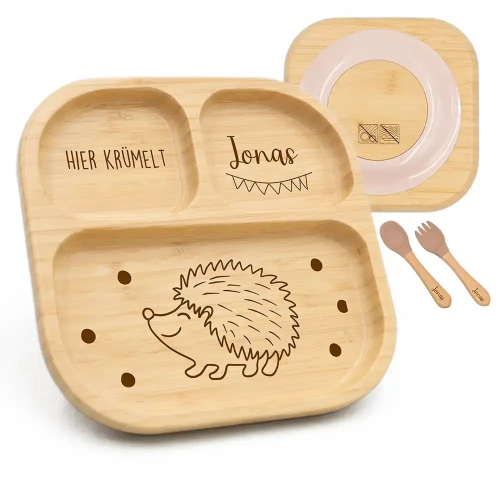 Kinderteller mit Saugnapf personalisiert mit Namen - Igel Motiv