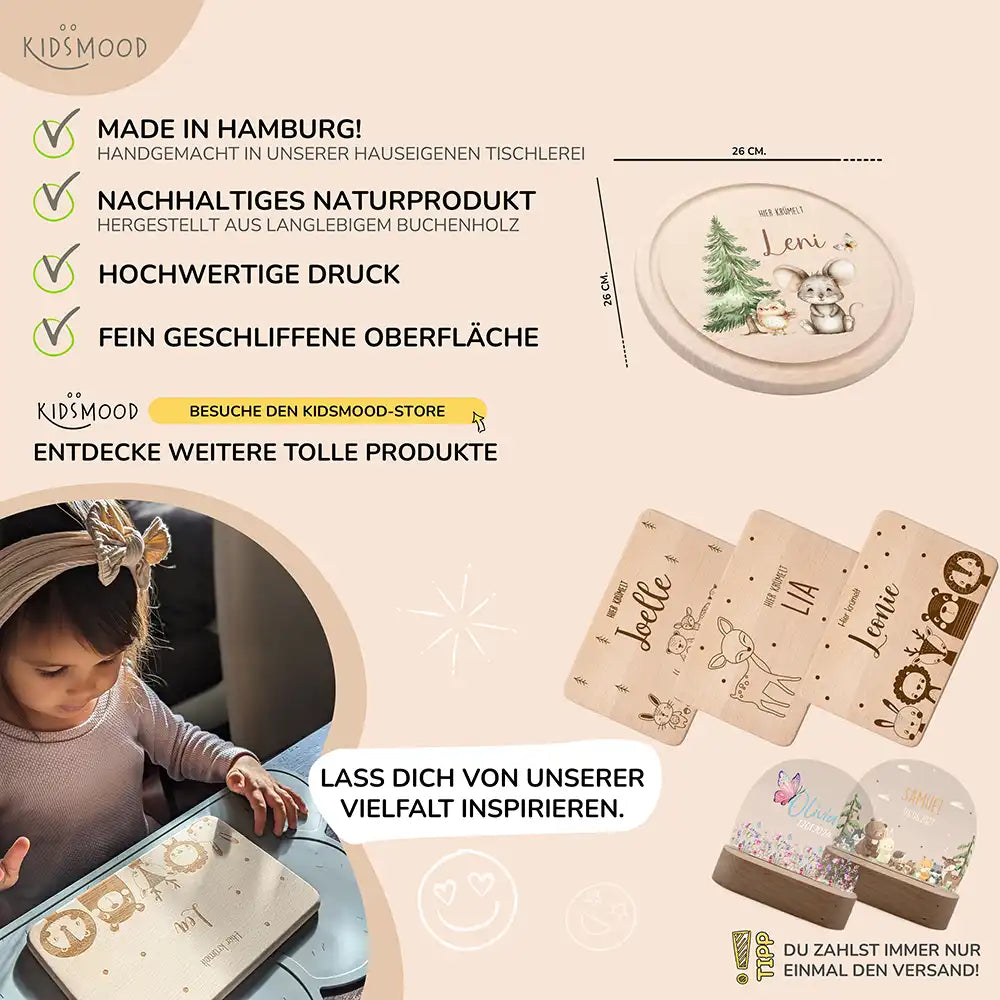 Rundes personalisiertes Frühstücksbrettchen Springmaus mit Namen für Kinder