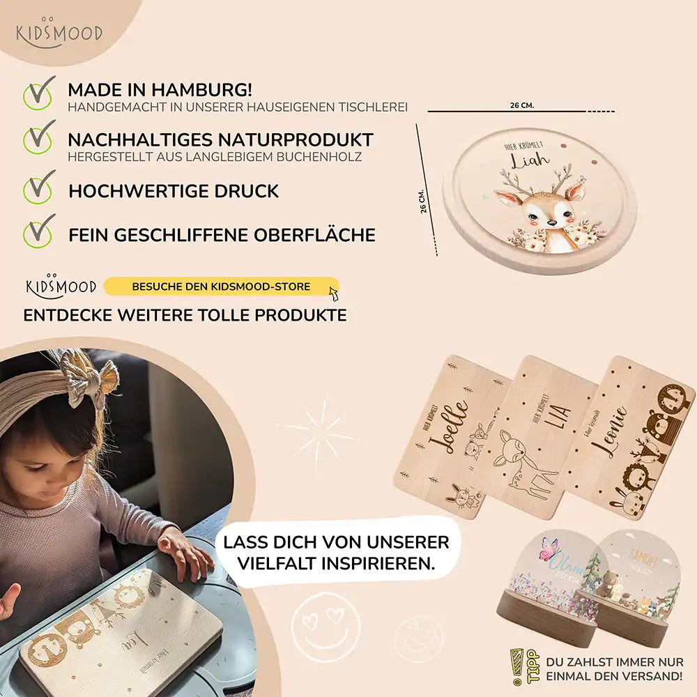 Rundes personalisiertes Frühstücksbrettchen Baby Reh mit Namen für Kinder