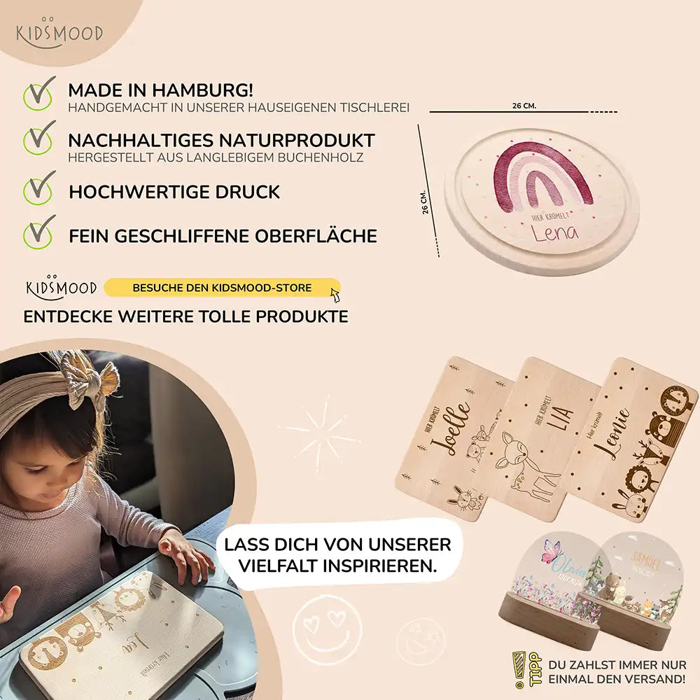 Rundes personalisiertes Frühstücksbrettchen Regenbogen mit Namen für Kinder