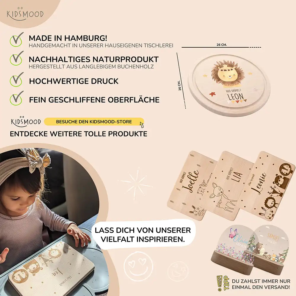 Rundes personalisiertes Frühstücksbrettchen Boho Löwe mit Namen für Kinder