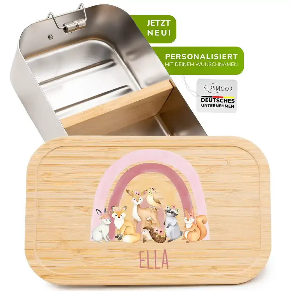 brotdose für kinder mit regenbogen und waldtiere gravur
