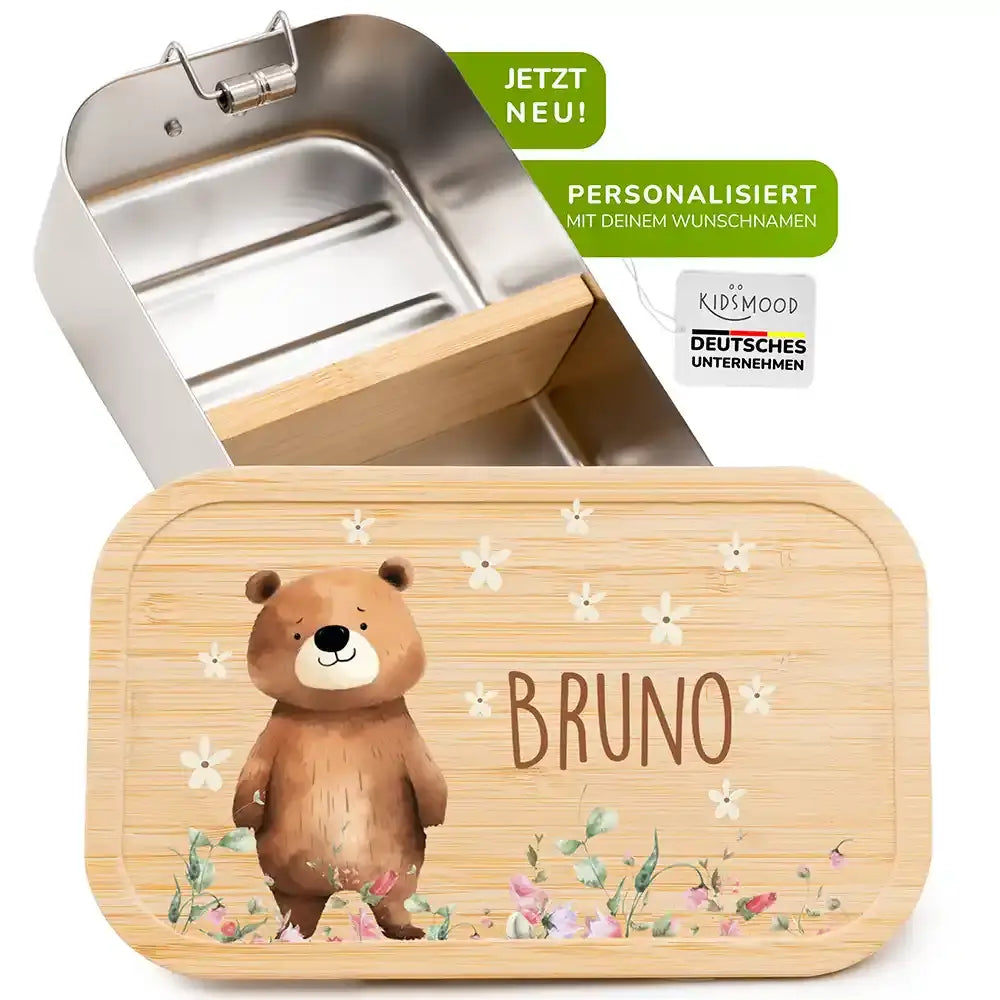 brotdose für kinder mit bär und blumenwiese gravur