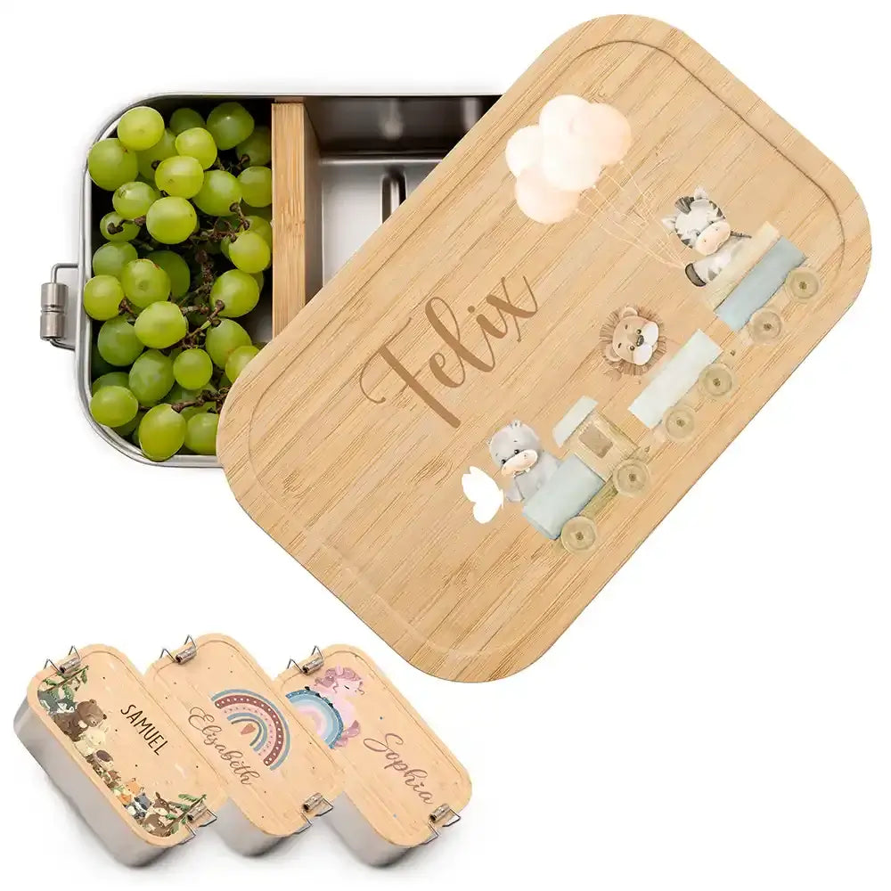 personalisierte lunchbox mit tiere eisenbahn design