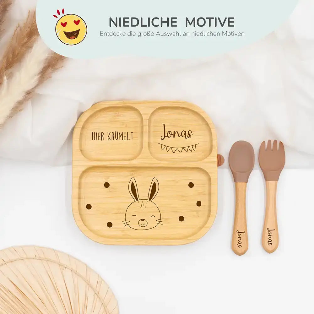 Kinderteller mit Saugnapf personalisiert mit Namen - Hase Motiv