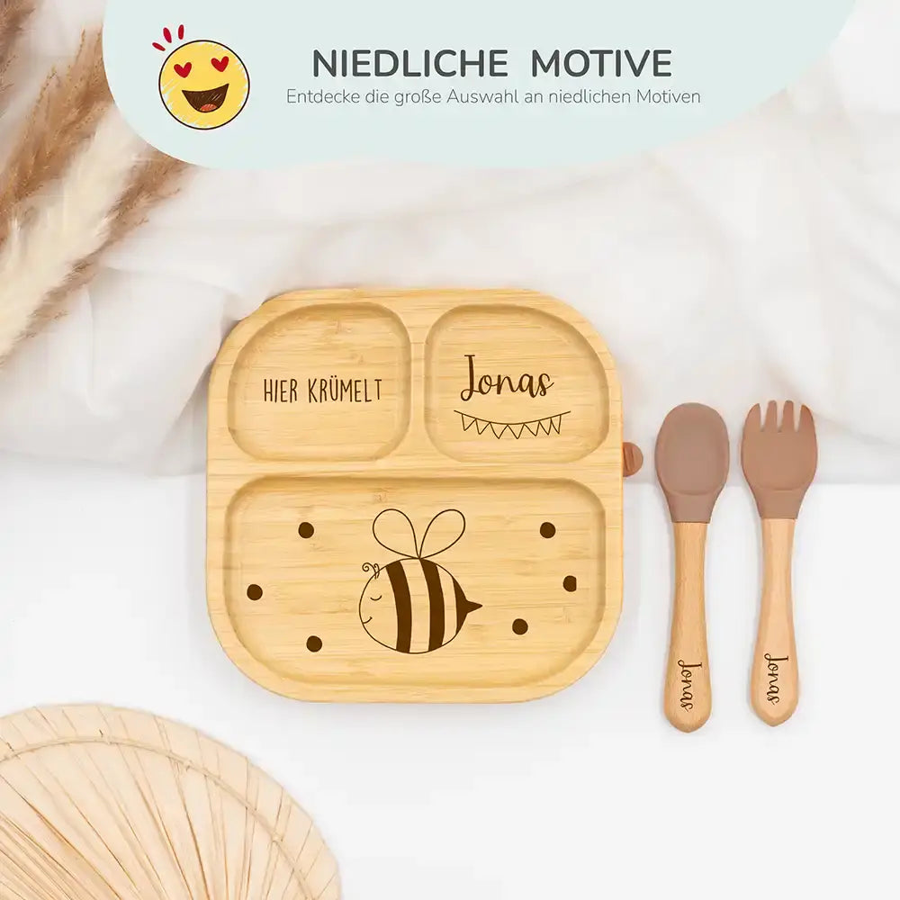 Kinderteller mit Saugnapf personalisiert mit Namen - Biene Motiv
