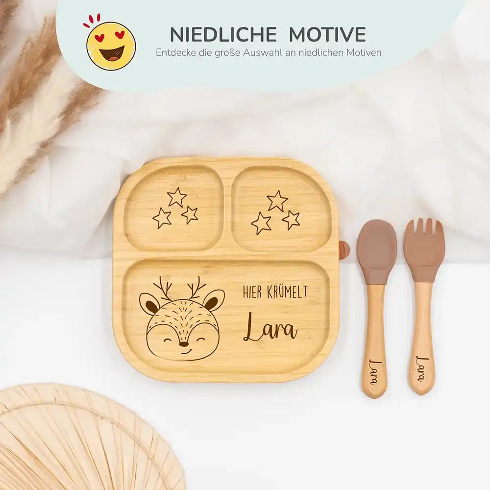 Süßer personalisierter Kinderteller Lara mit liebevollen Tiermotiven - Bambus Geschirr für kleine Entdecker