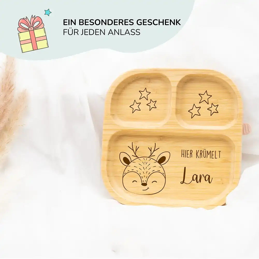 Süßer personalisierter Kinderteller Lara mit liebevollen Tiermotiven - Bambus Geschirr für kleine Entdecker