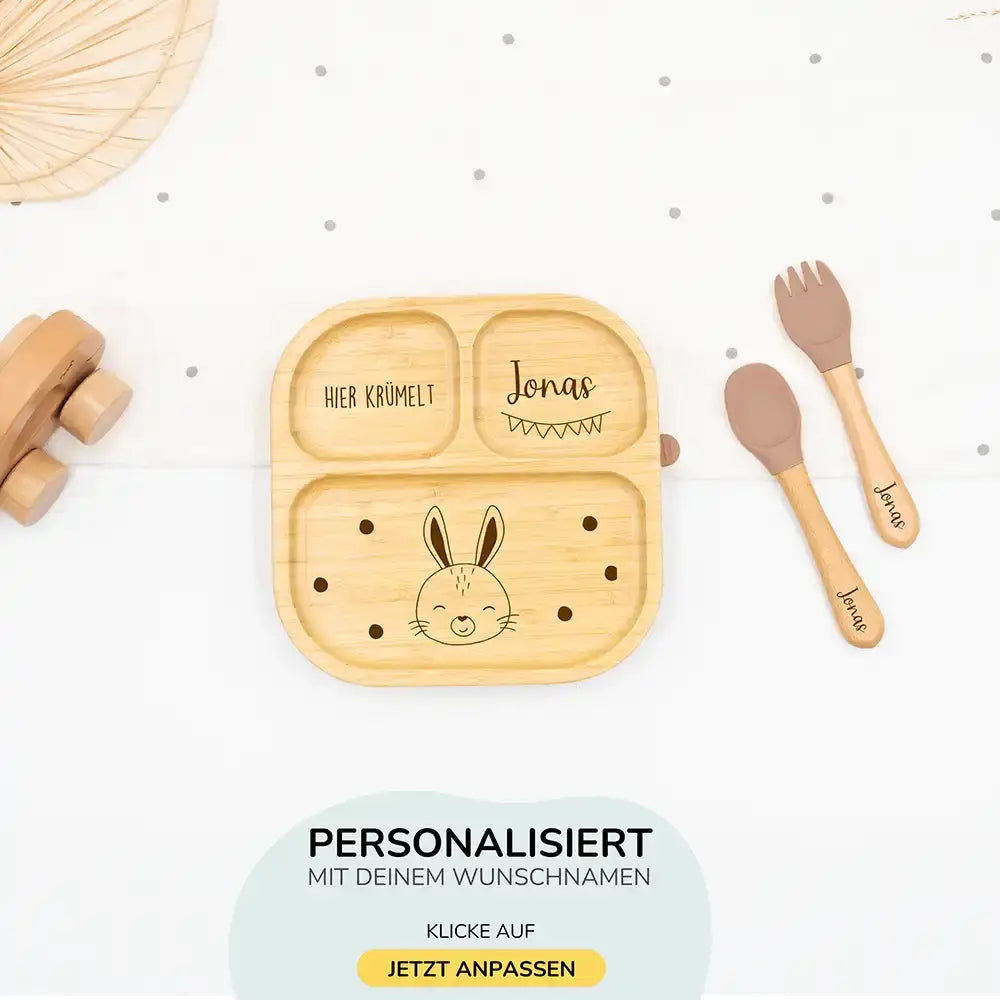 Kinderteller mit Saugnapf personalisiert mit Namen - Hase Motiv