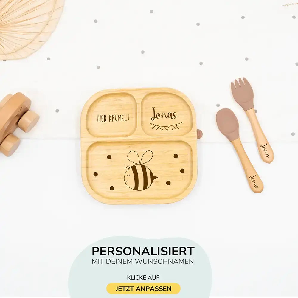 Kinderteller mit Saugnapf personalisiert mit Namen - Biene Motiv