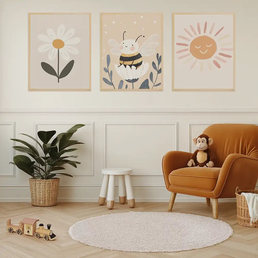 Poster 3er-Set - Gänseblümchen, Biene & Sonne fürs Kinderzimmer