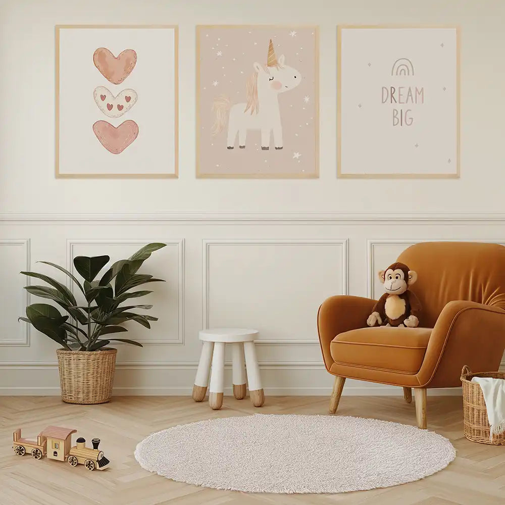 Poster 3er-Set - Herzen, Einhorn & Dream Big fürs Kinderzimmer