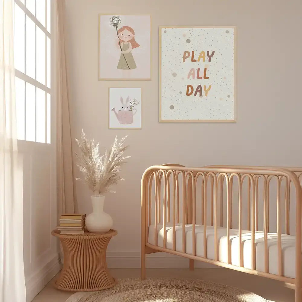 Poster 3er-Set - Engel, Häschen & "Play All Day" fürs Kinderzimmer