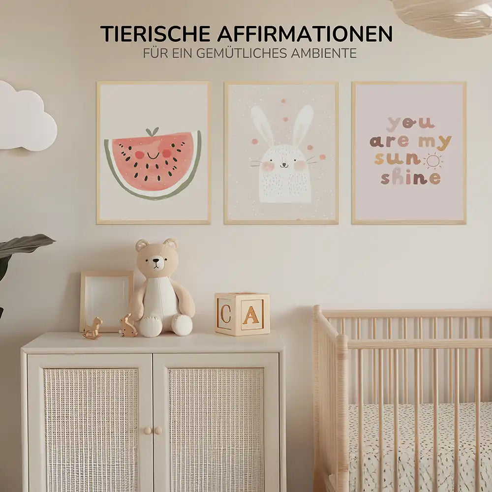 Poster 3er-Set - Wassermelone, Hase & "You are my sunshine" fürs Kinderzimmer