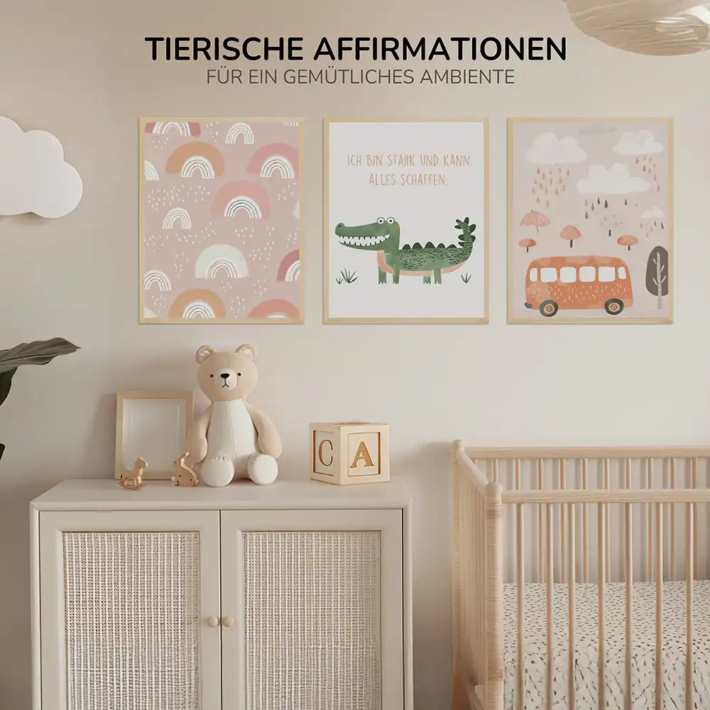 Poster 3er-Set - Regenbögen, Krokodil & Regenwetter fürs Kinderzimmer