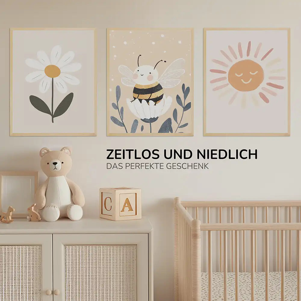 Poster 3er-Set - Gänseblümchen, Biene & Sonne fürs Kinderzimmer