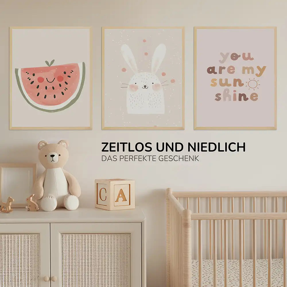 Poster 3er-Set - Wassermelone, Hase & "You are my sunshine" fürs Kinderzimmer