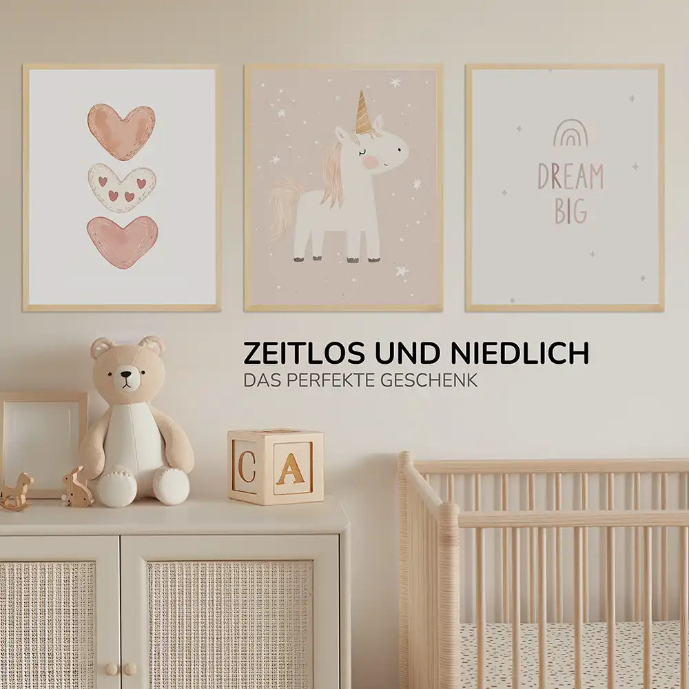 Poster 3er-Set - Herzen, Einhorn & Dream Big fürs Kinderzimmer