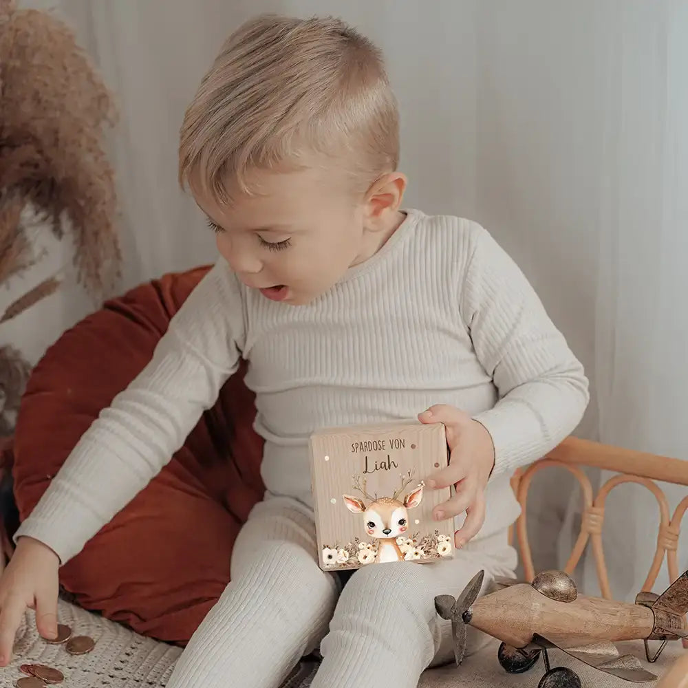 Spardose Kinder, Sparschwein personalisiert bunt - Bay Reh