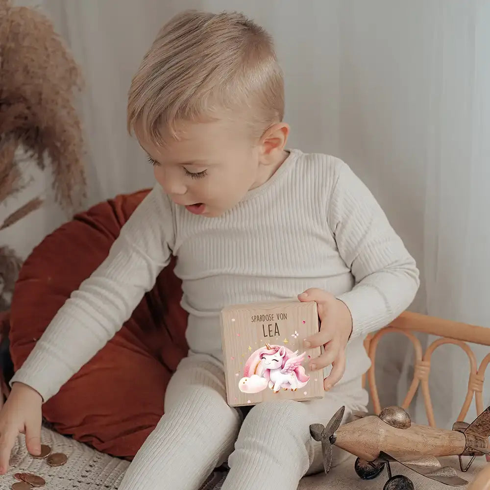 Spardose Kinder, Sparschwein personalisiert bunt - Einhorn