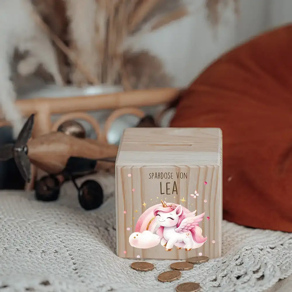 Spardose Kinder, Sparschwein personalisiert bunt - Einhorn