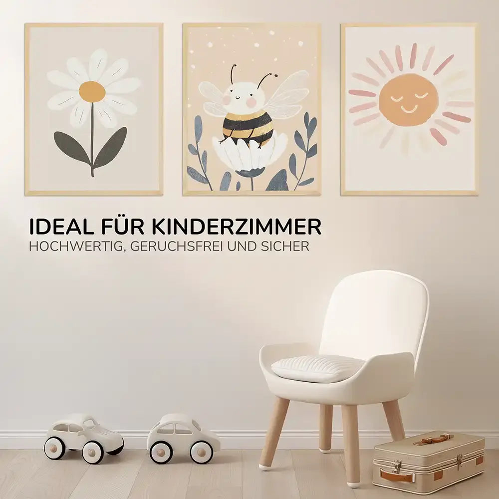 Poster 3er-Set - Gänseblümchen, Biene & Sonne fürs Kinderzimmer
