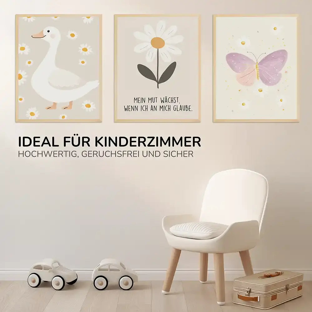 Poster 3er-Set - Ente, Gänseblümchen & Schmetterling fürs Kinderzimmer