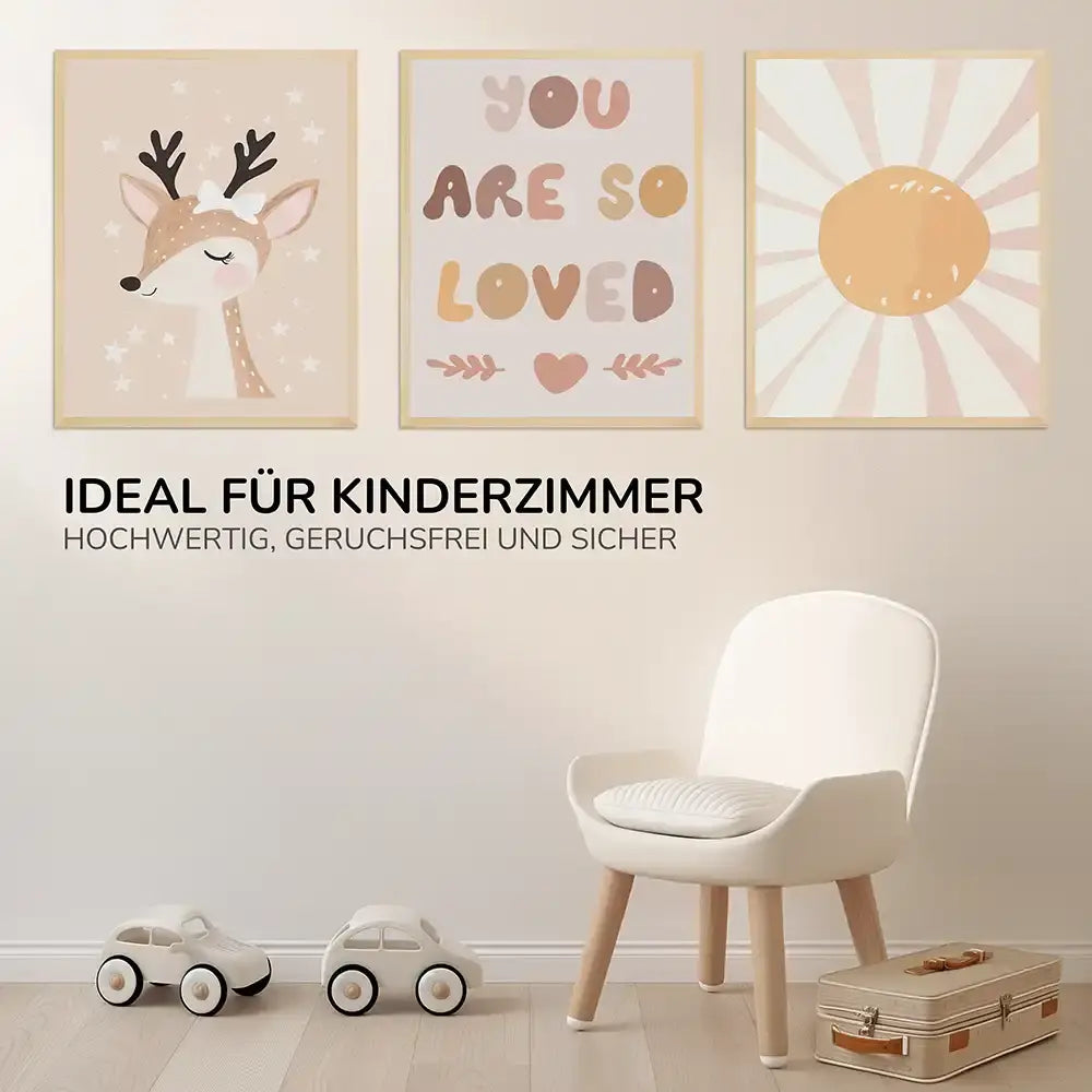 Poster 3er-Set - Reh, "You are so loved" & Sonne fürs Kinderzimmer