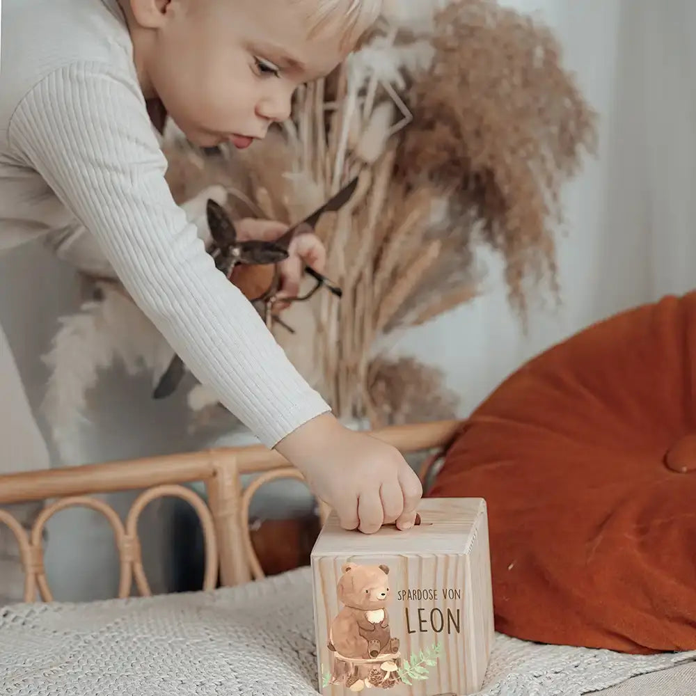 Spardose Kinder, Sparschwein personalisiert bunt - Bär Waldtiere