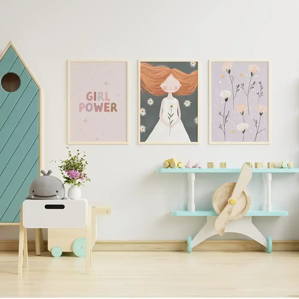 Poster 3er-Set - Girl Power, Mädchen & Blumen fürs Kinderzimmer