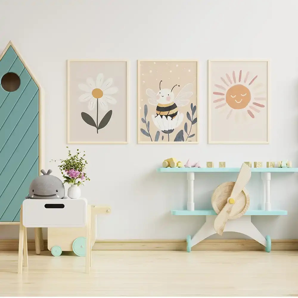 Poster 3er-Set - Gänseblümchen, Biene & Sonne fürs Kinderzimmer