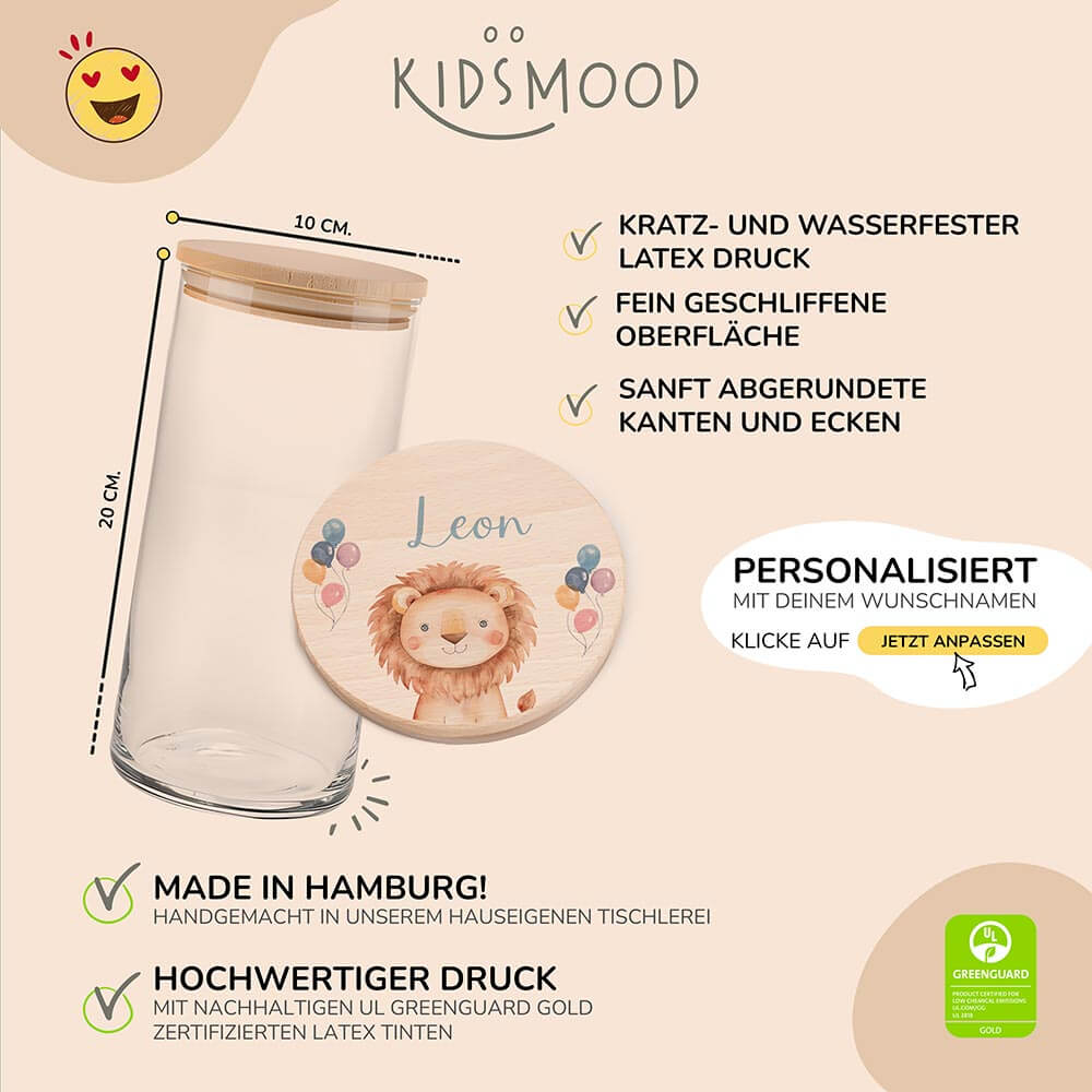 Vorratsglas mit Tierdesign - Kinderzimmer Aufbewahrung mit Namen - 1200ml groß