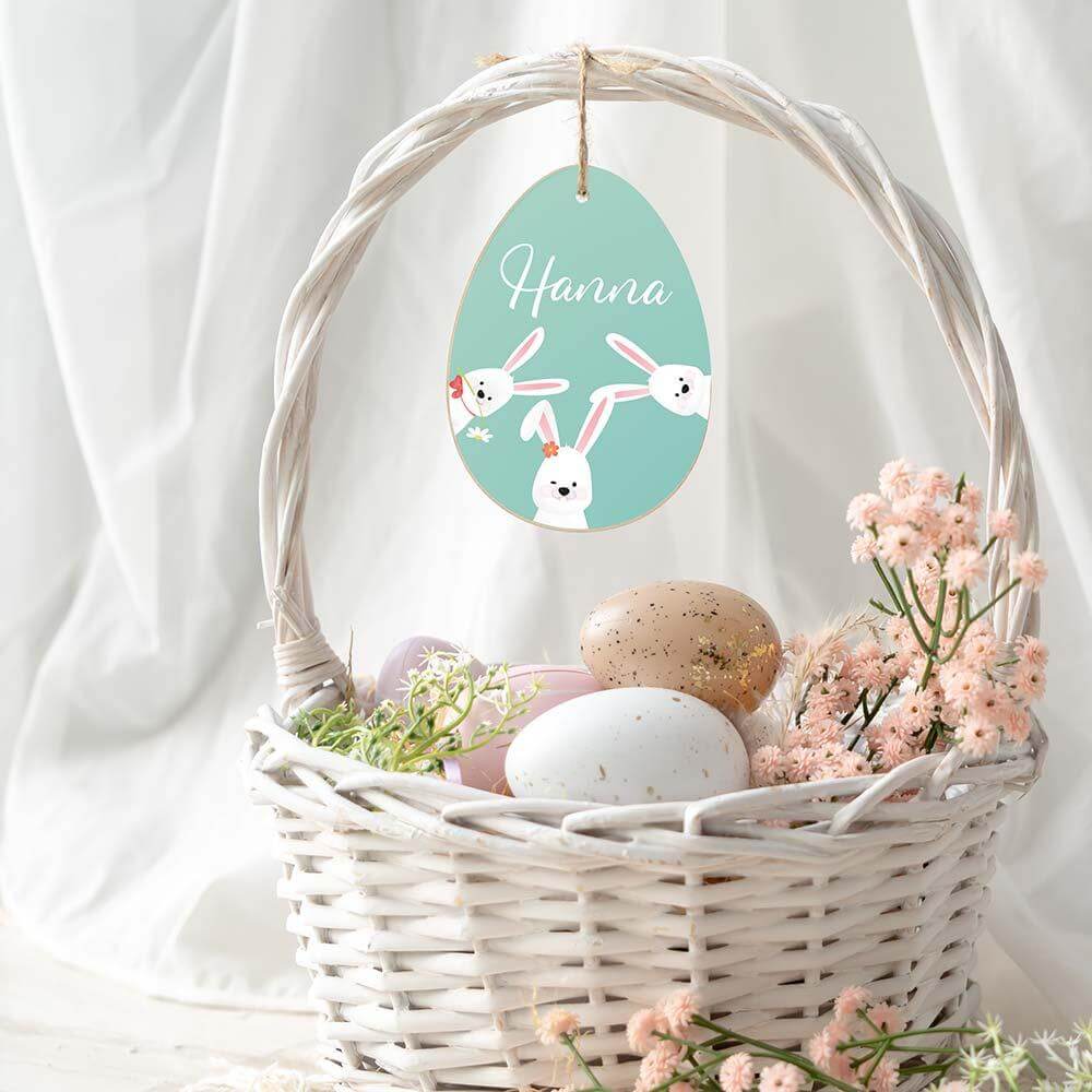 close-up of unique personalized wooden Easter egg