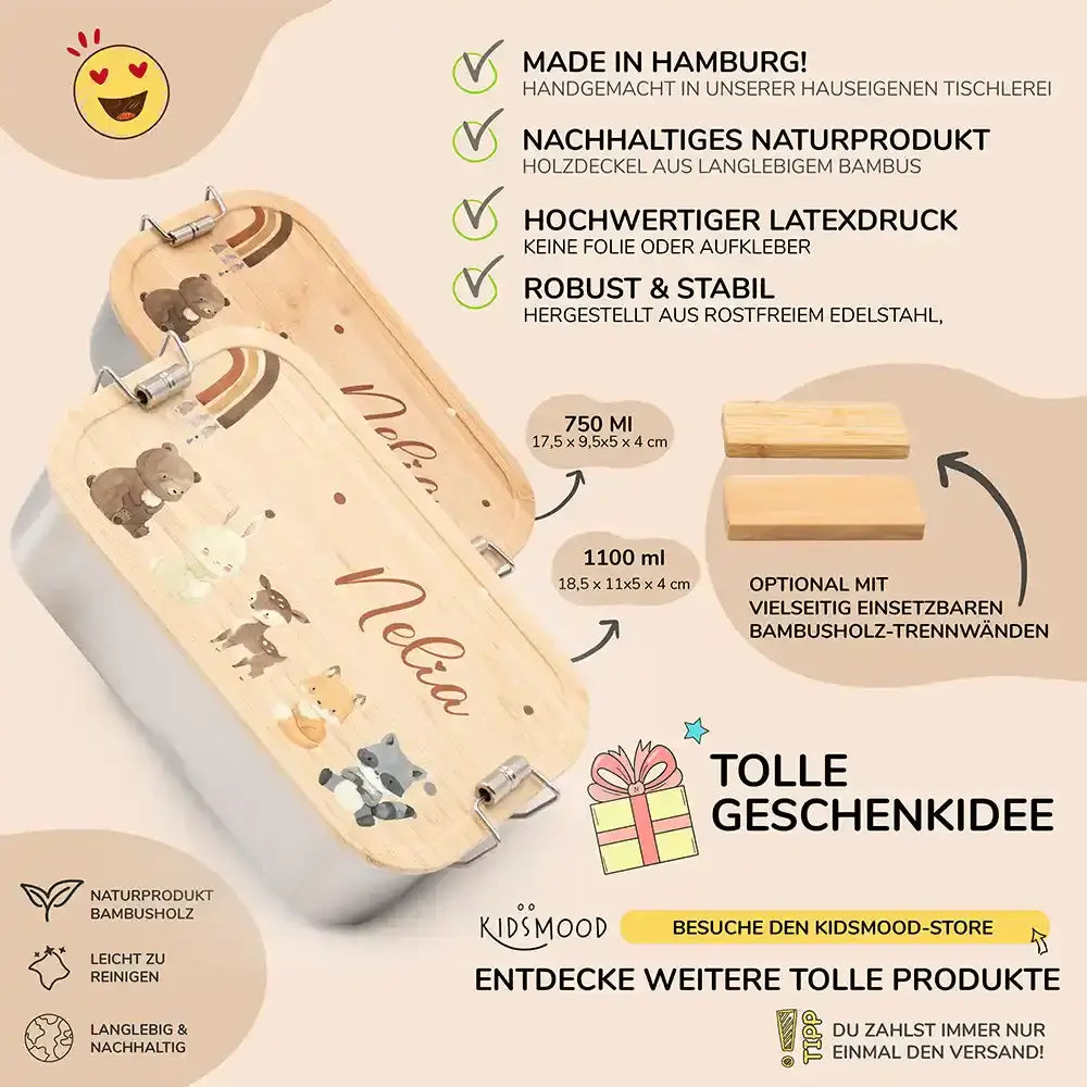 detailansicht der gravierten boho tierfamilie und regenbogen motive auf brotdose