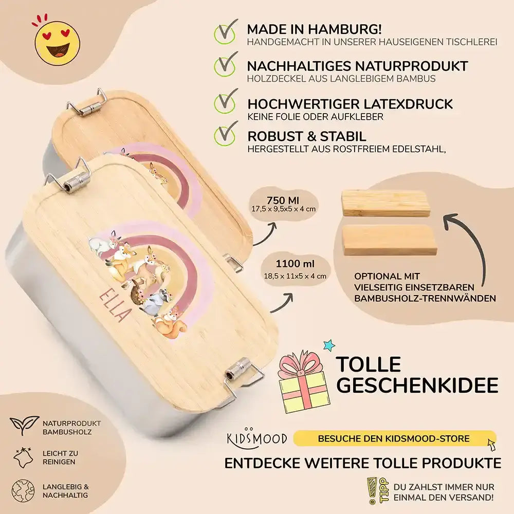 detailansicht der gravierten regenbogen und waldtiere motive auf brotdose