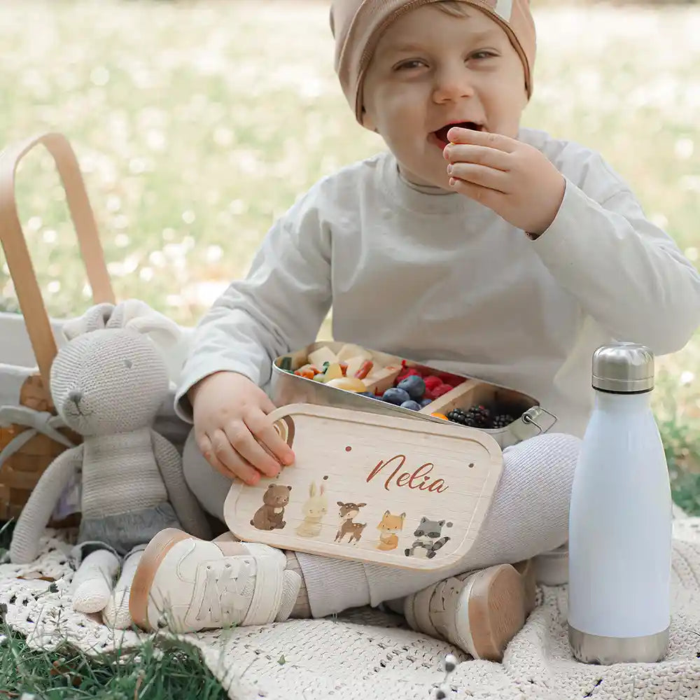Brotdose Kinder personalisiert - Boho Tierfamilie Regenbogen