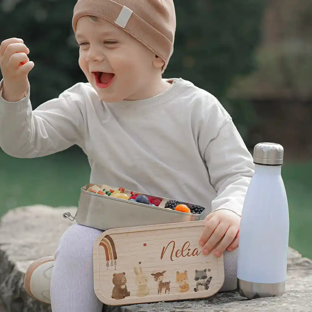 Brotdose Kinder personalisiert - Boho Tierfamilie Regenbogen